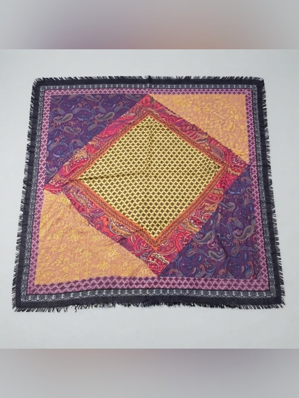 Tarnish - Square Paisley Patchwork Scarf | Coral, Navy, Purple, Yellow | 42x42